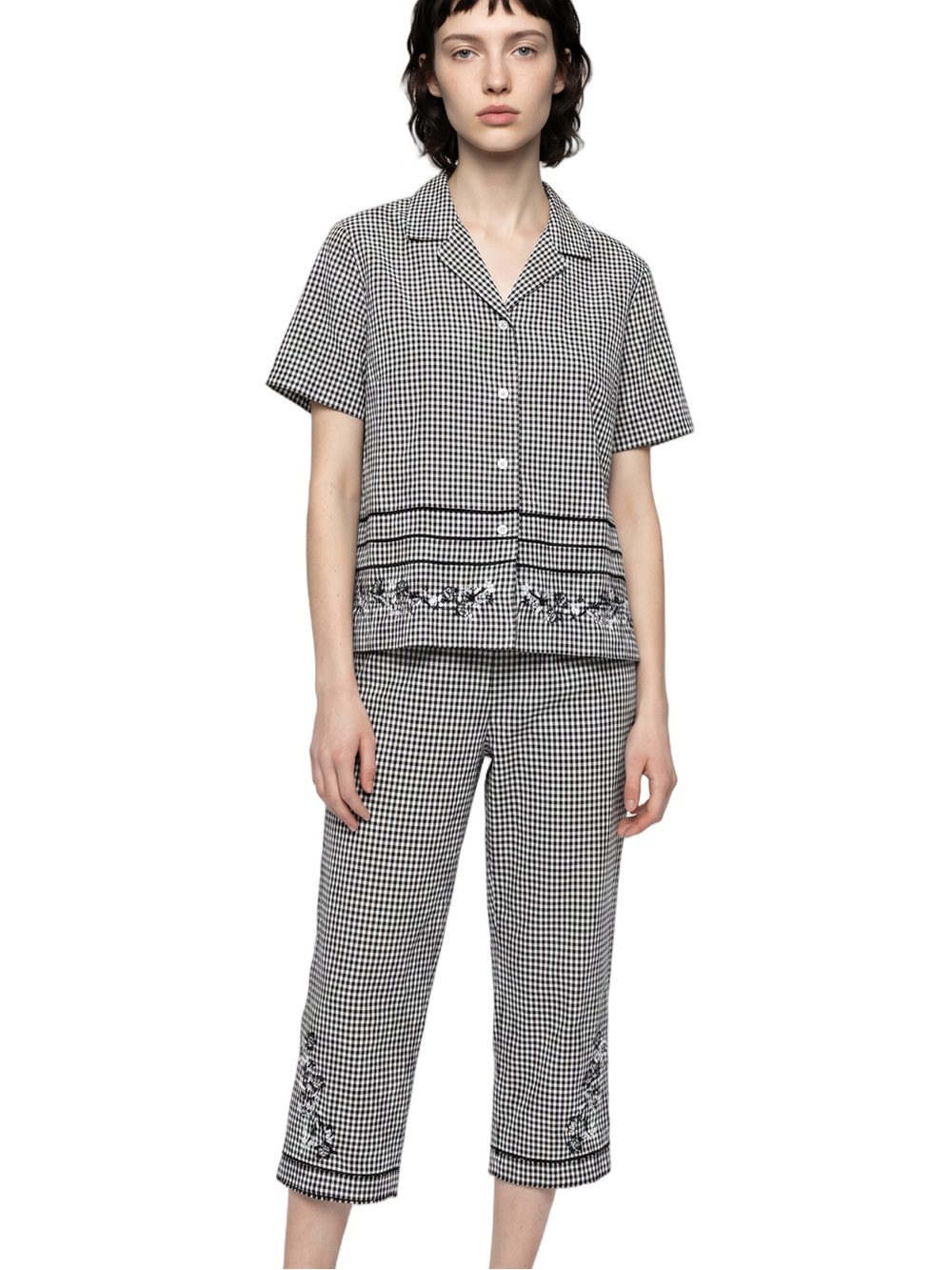 ERIKA black white capri pants and crop-top embroidery Y2K Cottagecore